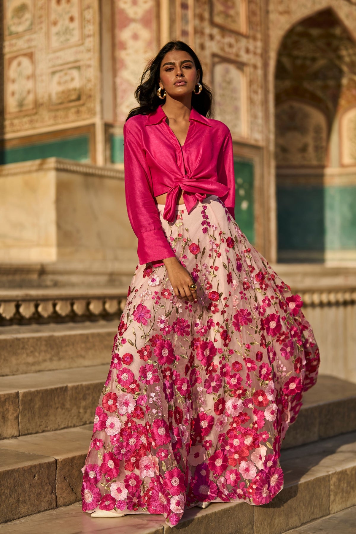 Pink 3d Floral Lehenga Set