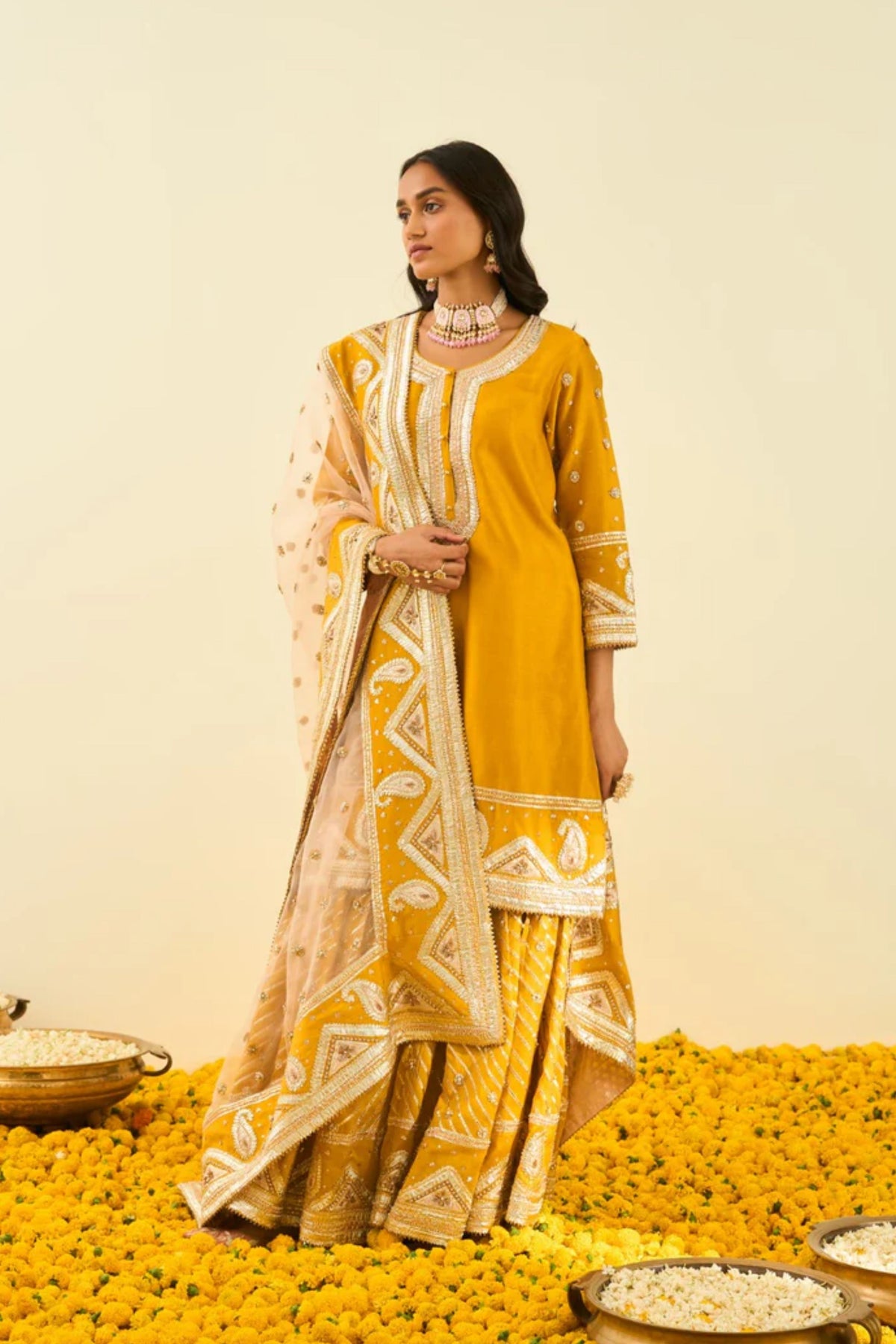 Shafna glaze mustard kurta set