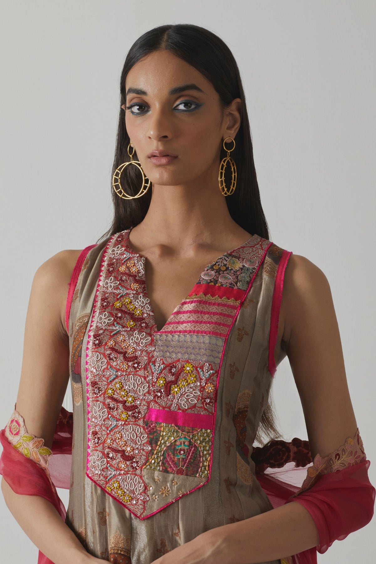 Grey &amp; Fuchsia Anarkali Set