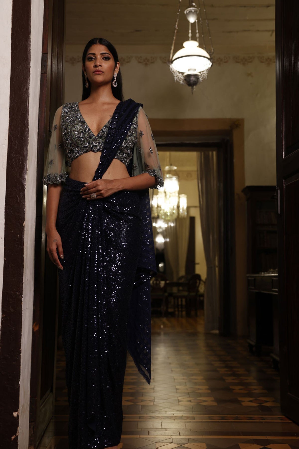 Navy Blue Drape Saree and Sage Ileana Choli