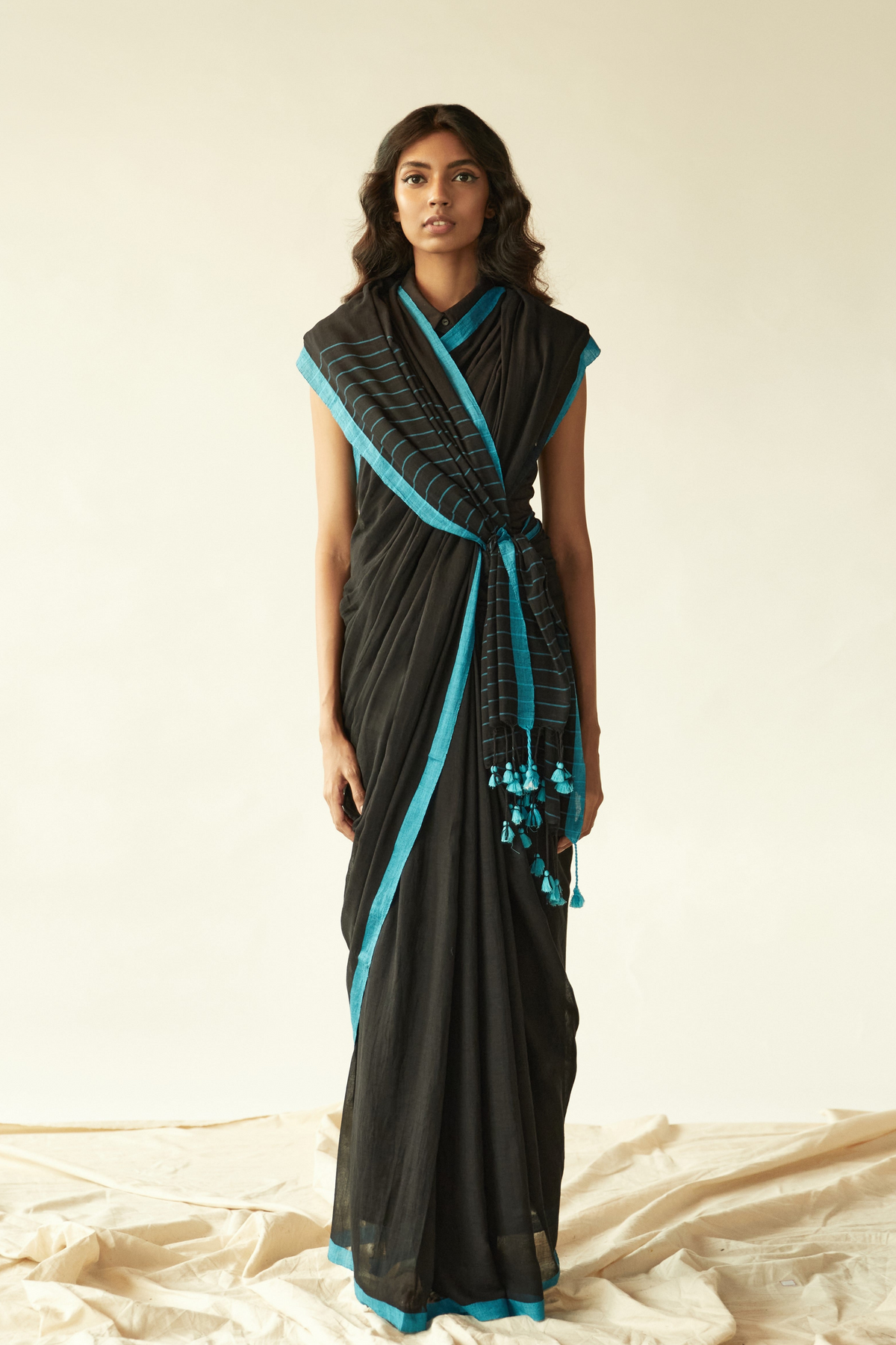 Black Handwoven Mulmul Saree With A Blue Border