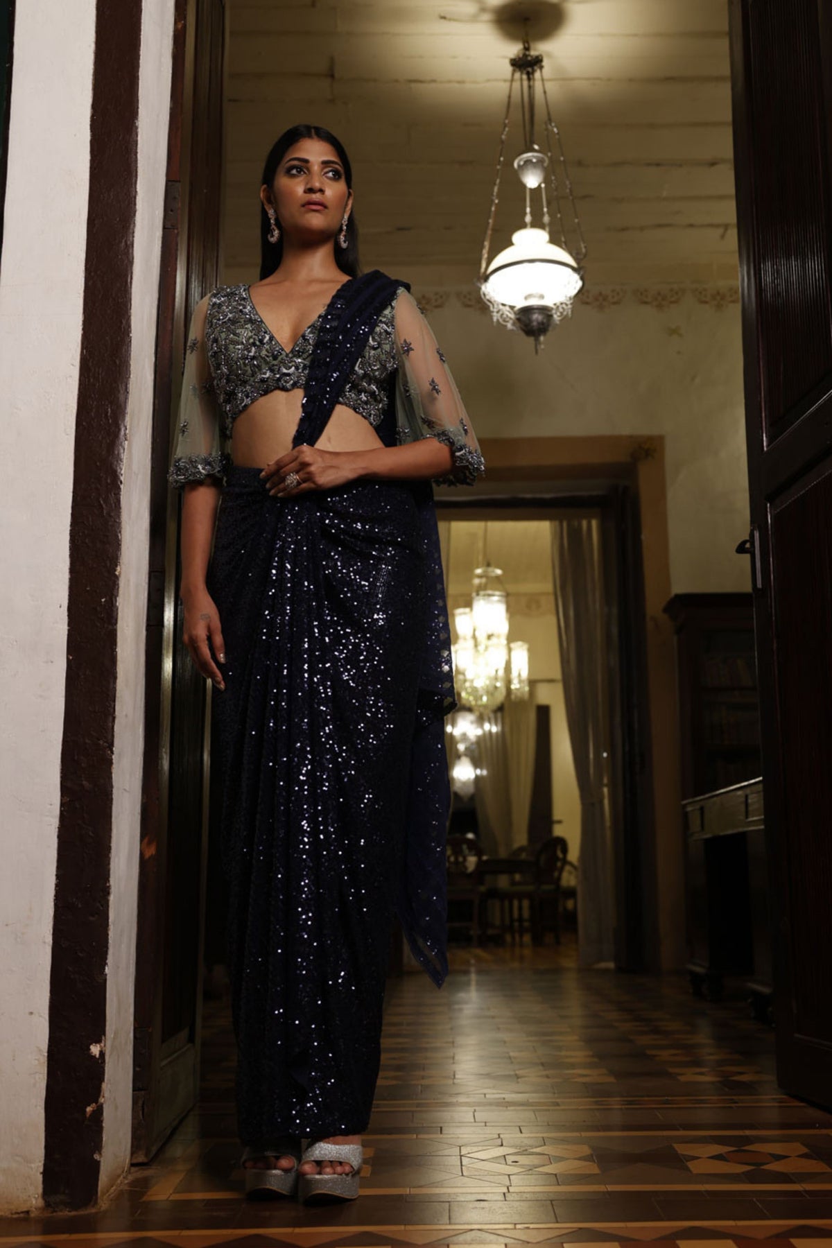 Navy Blue Drape Saree and Sage Ileana Choli