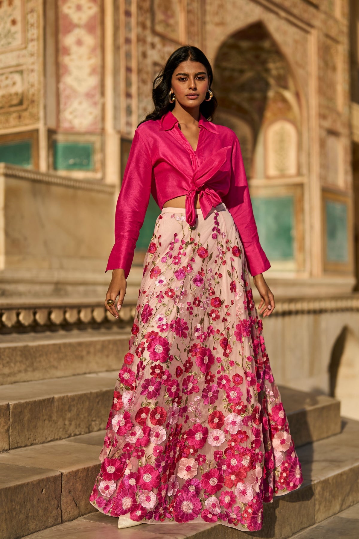 Pink 3d Floral Lehenga Set