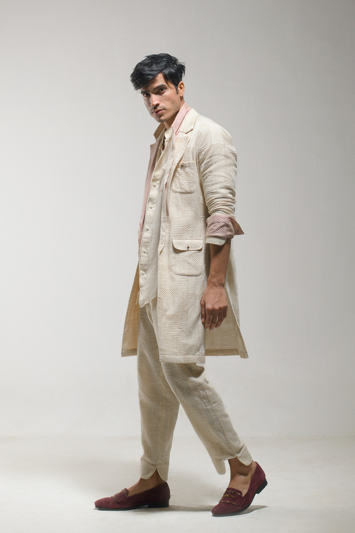 Beige Textured Overcoat