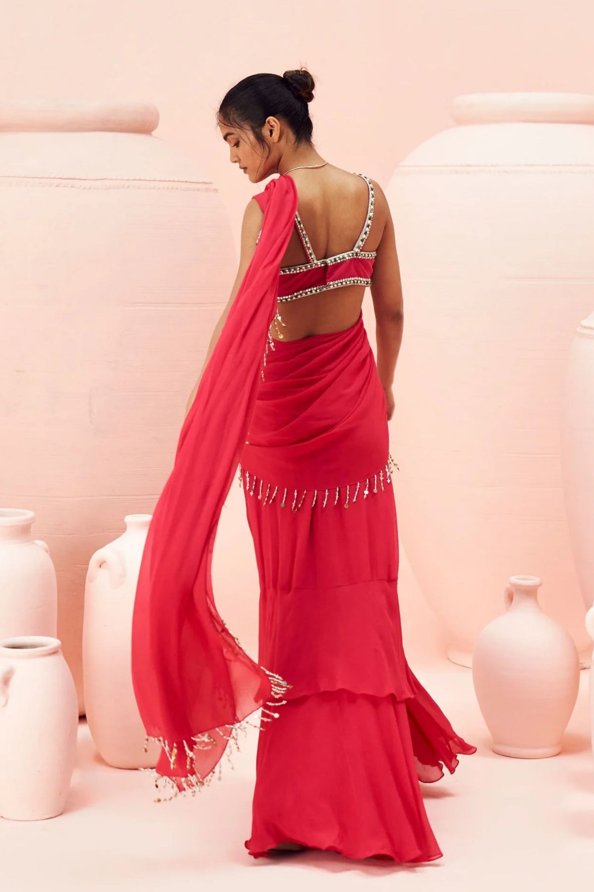 Fuchsia Embroidered Draped Saree