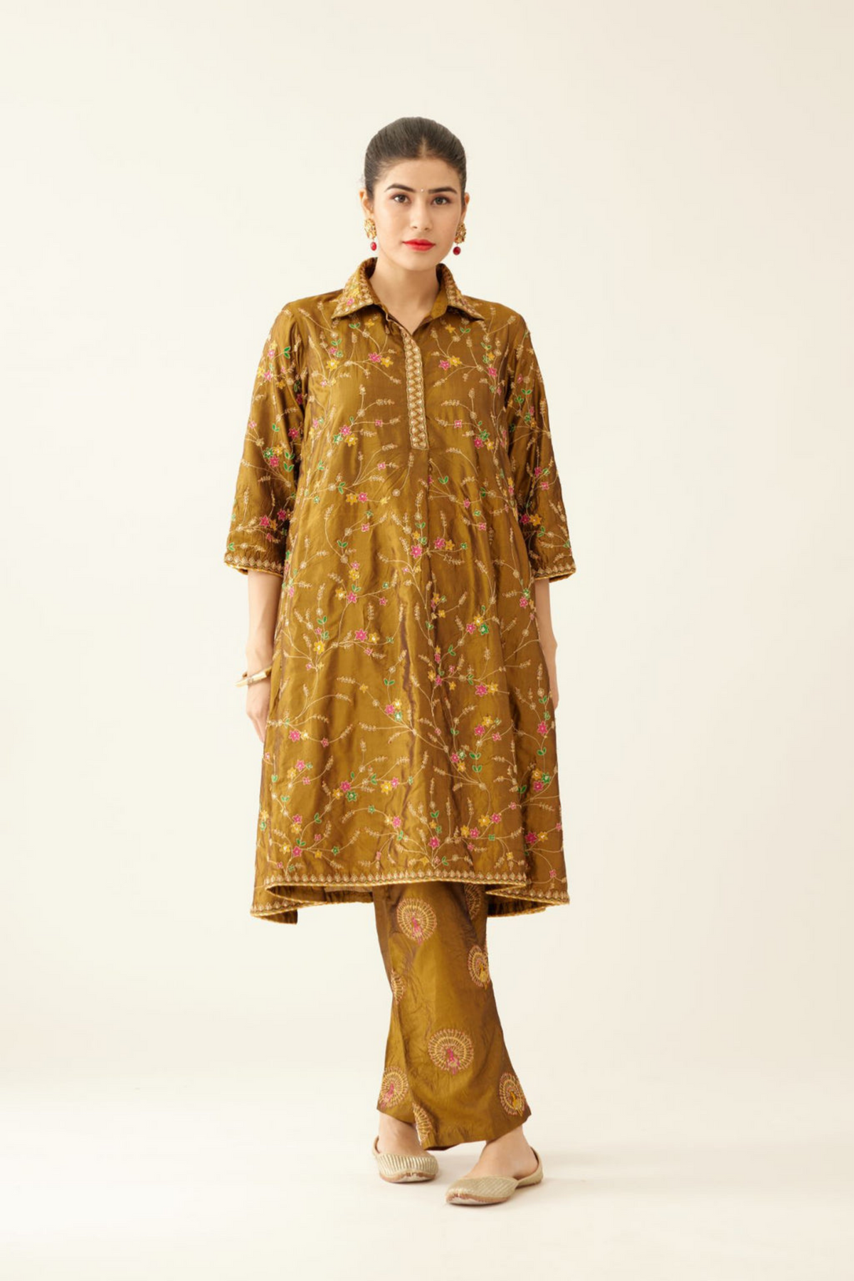 Golden Olive A-line Short Silk Kurta Set