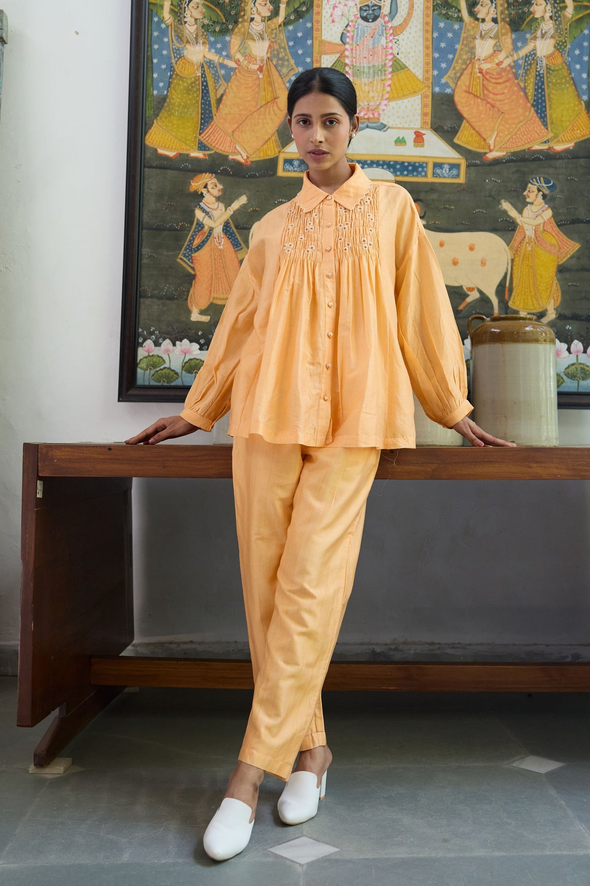 Orange Smocked Embroidered Shirt