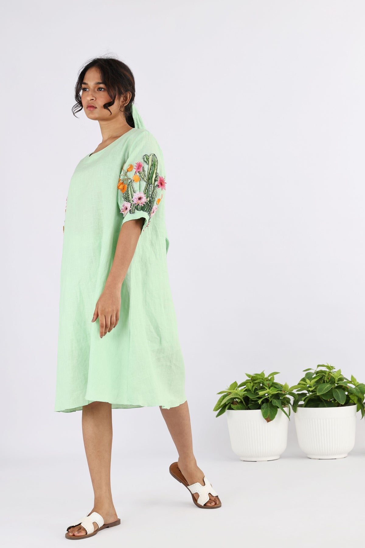 Pale Green Plumeria Embroidered Dress