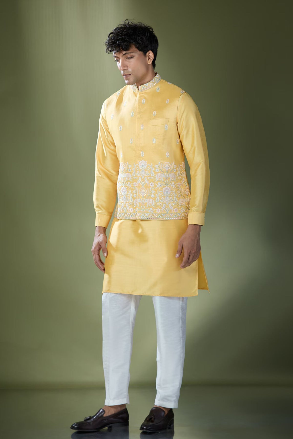 Yellow Embroidered Nehru Jacket Set