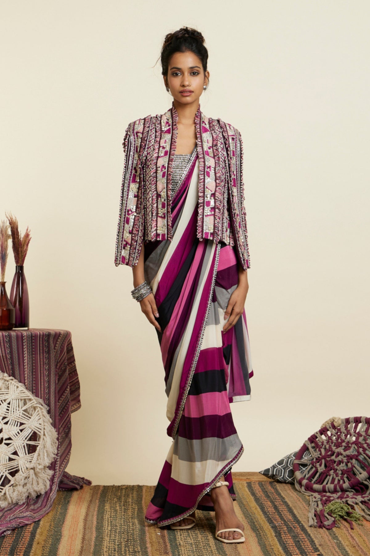 Merlot Stripe Print Cascade Saree Set