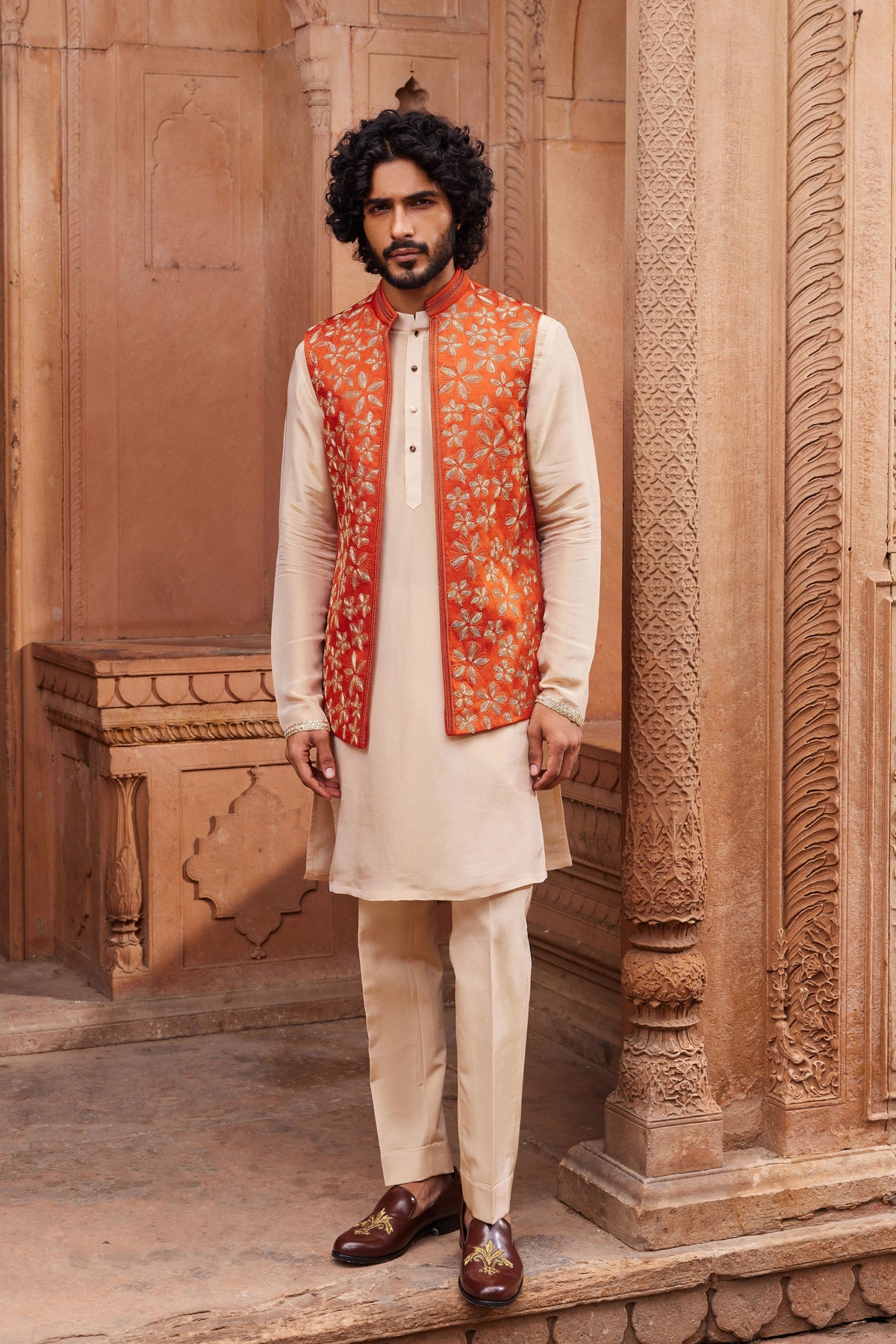 Rust Floral Silk Nehru Jacket Set