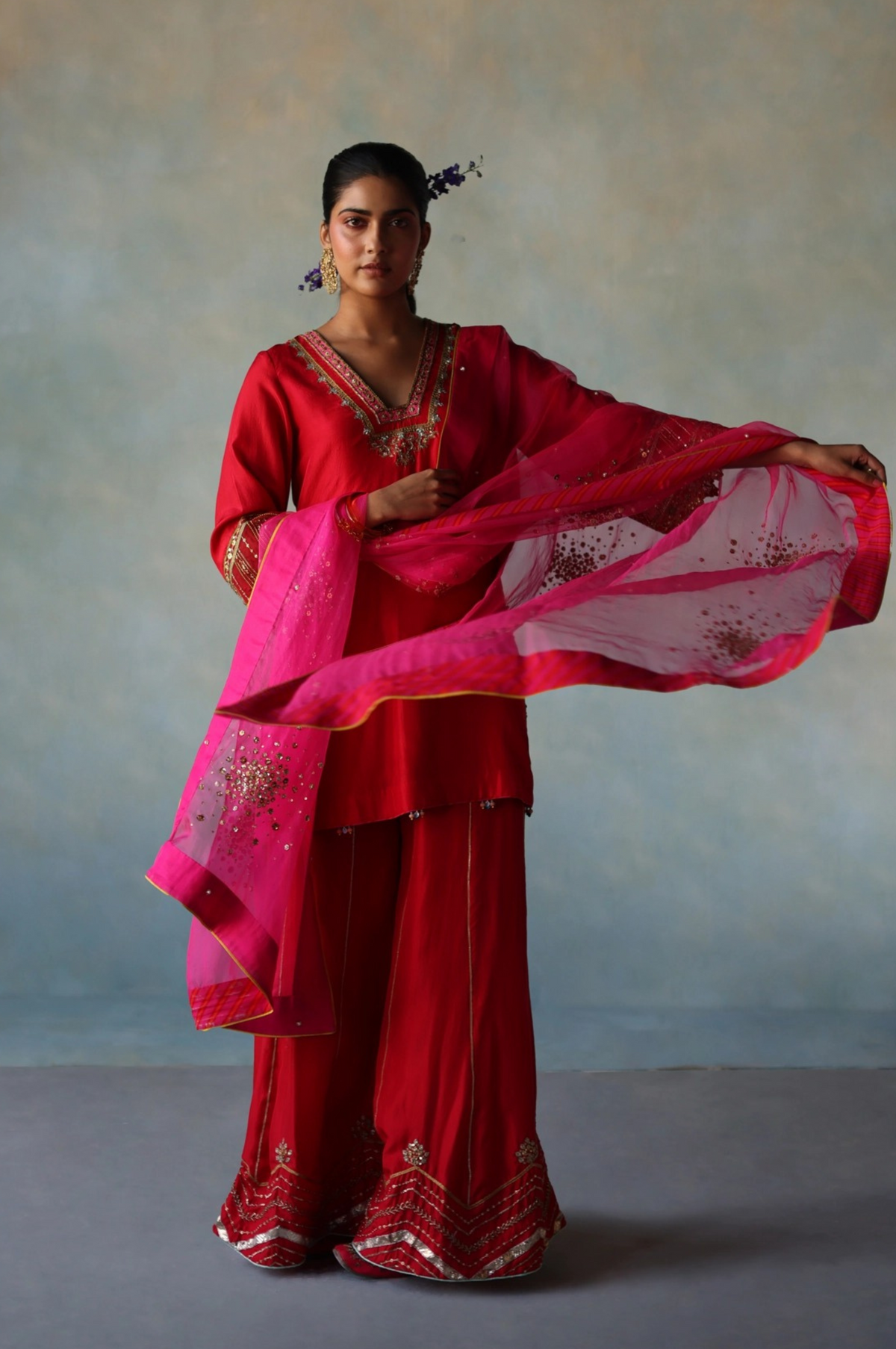 Gul Red Hot Pink Silk Sharara Set  