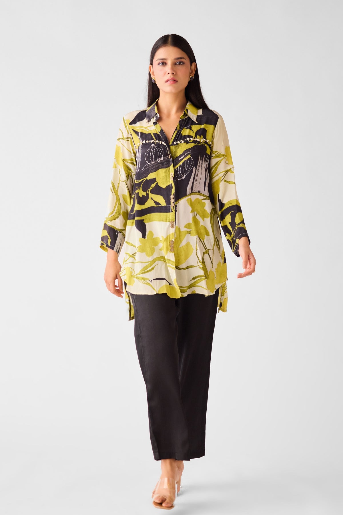 Lime Muslin Floral Long Shirt