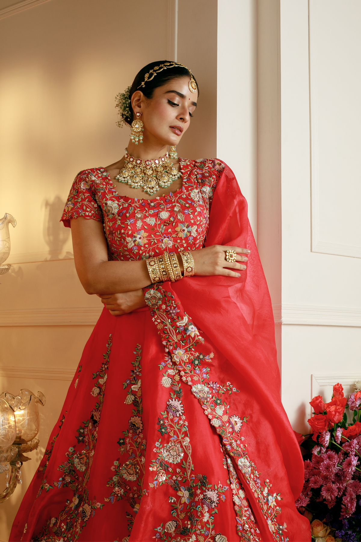 Red Thread Embroidered Lehenga Set