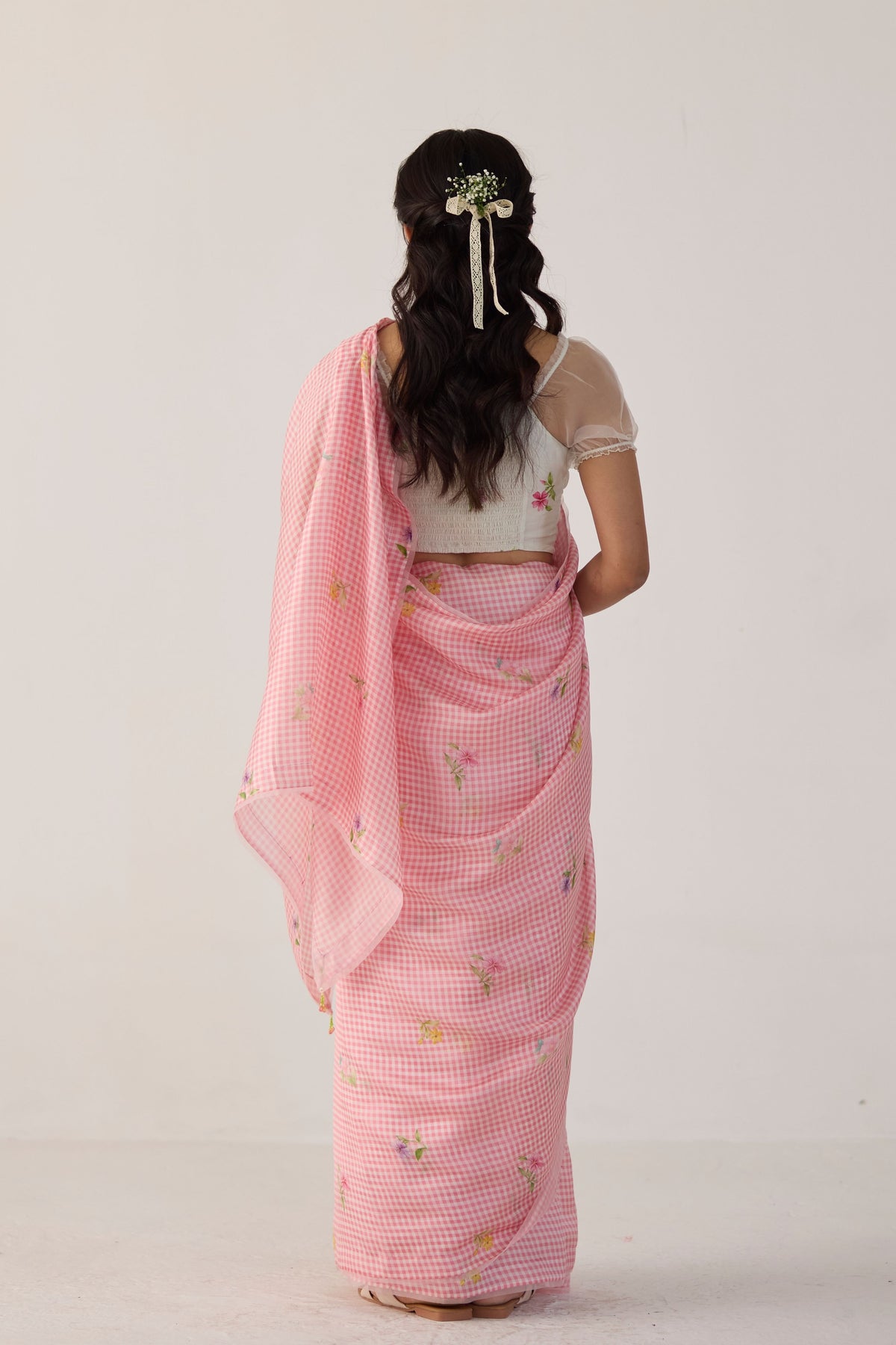 Pink Serene Meadow Mulberry Organza Silk Sari