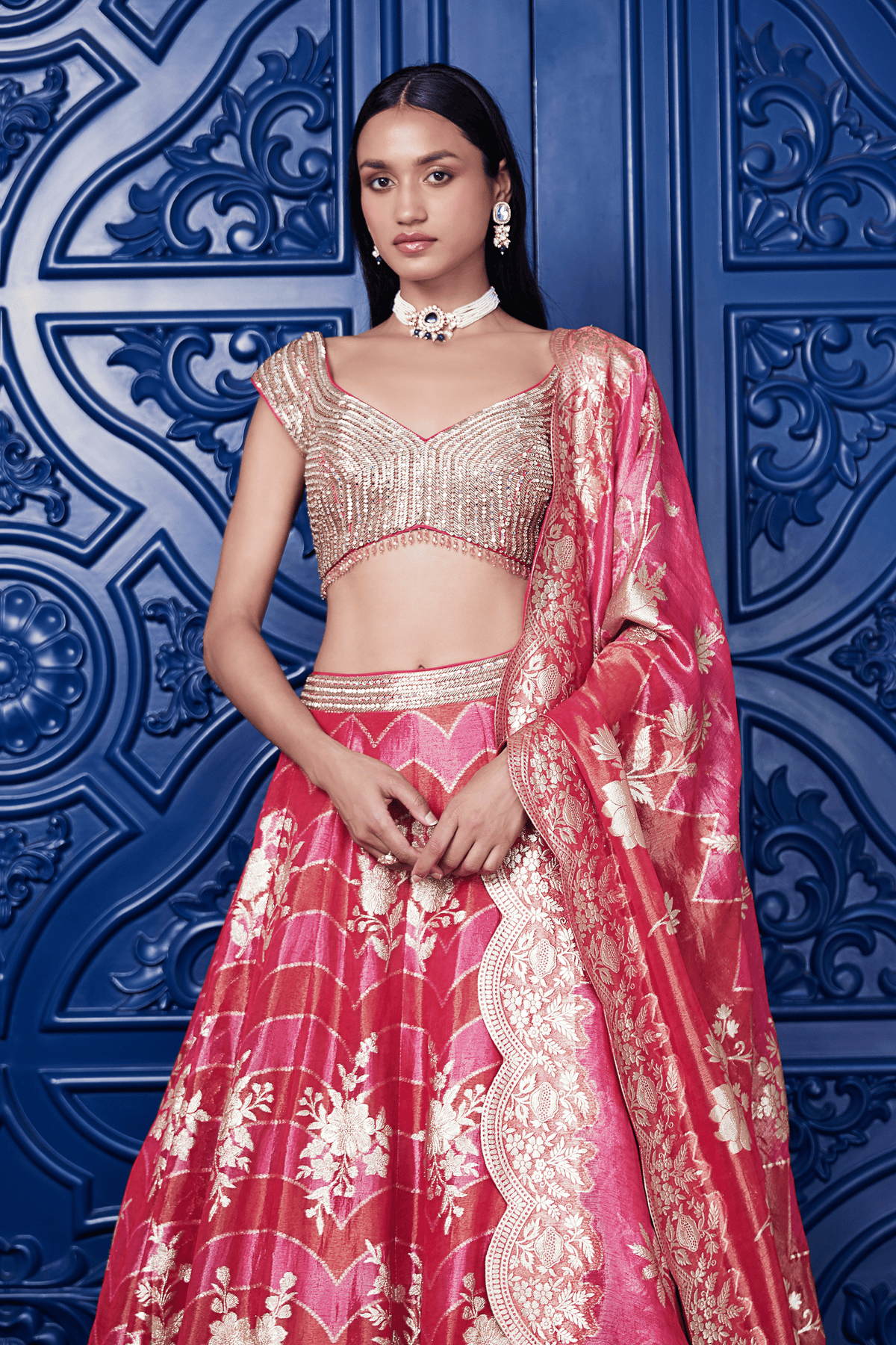 Pink Banarasi Weave Lehenga Set