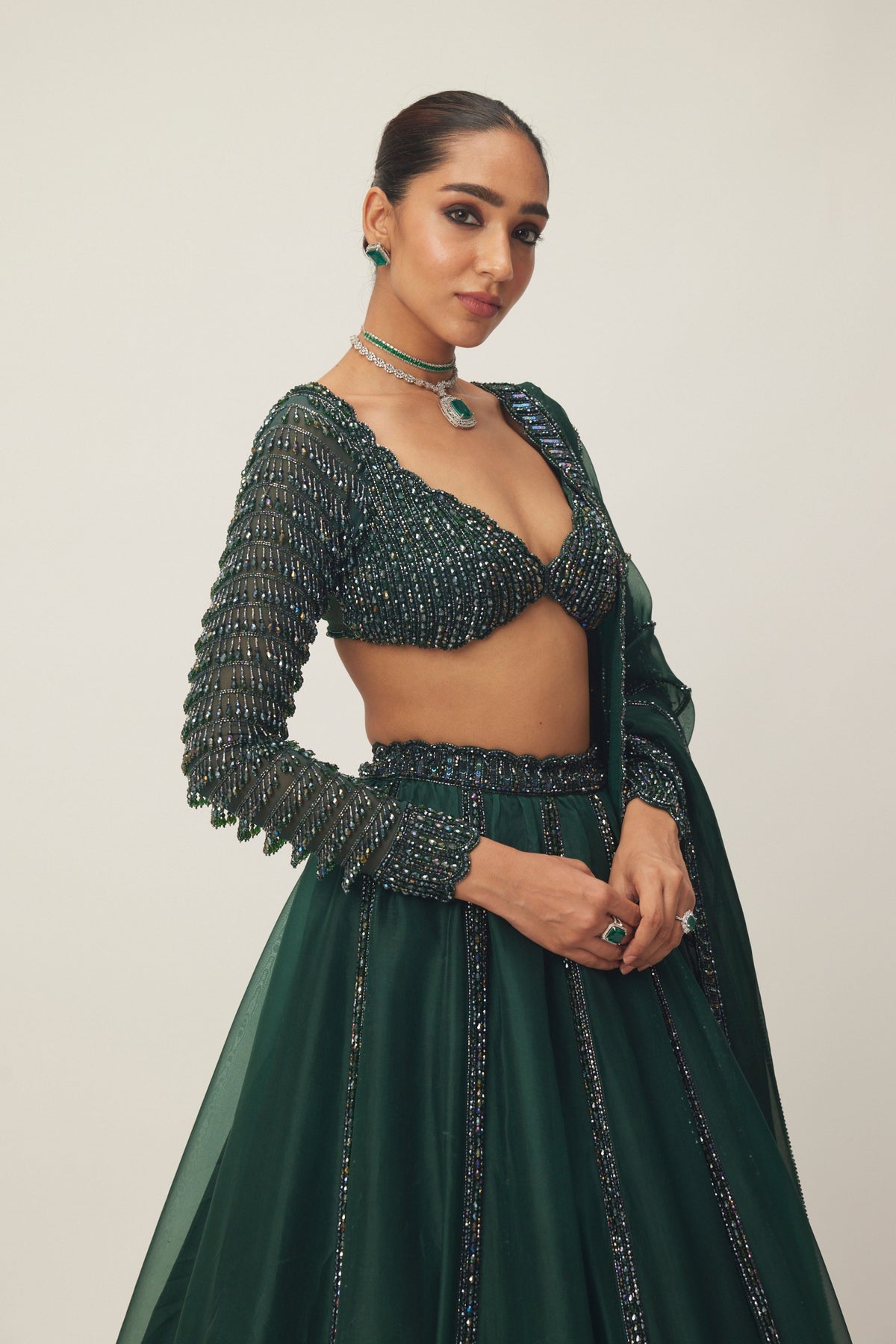 Dark Jade Green Organza Lehenga Set