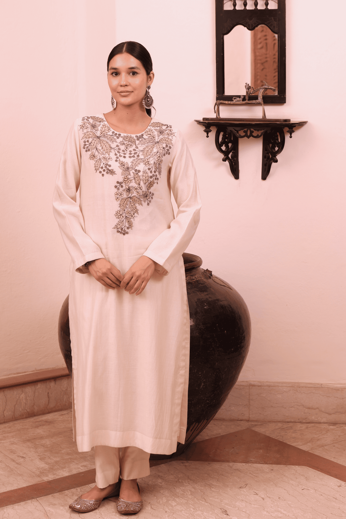 Embroidered Ivory Kurta And Pant