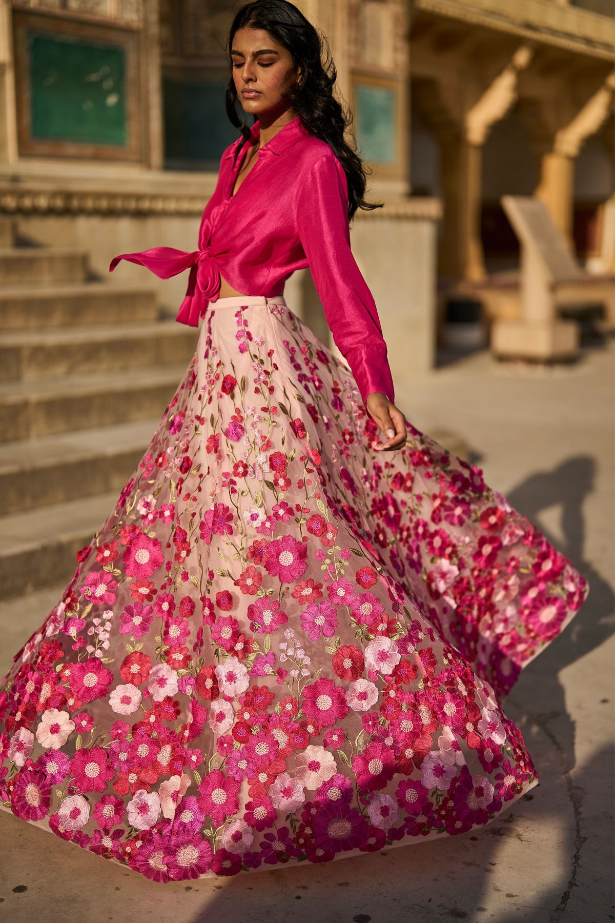 Pink 3d Floral Lehenga Set