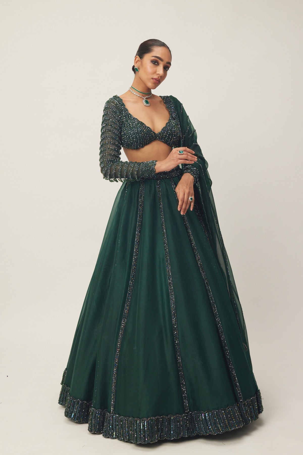 Dark Jade Green Organza Lehenga Set