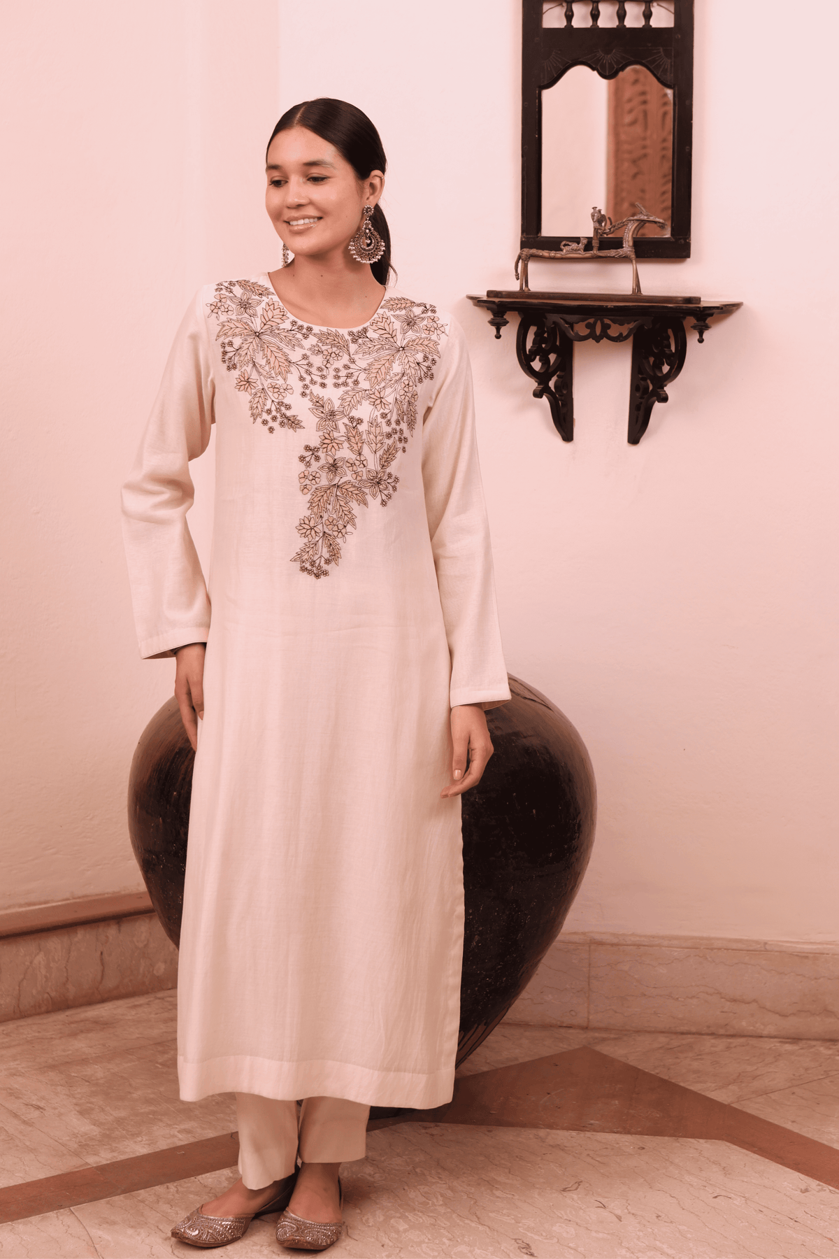 Embroidered Ivory Kurta And Pant