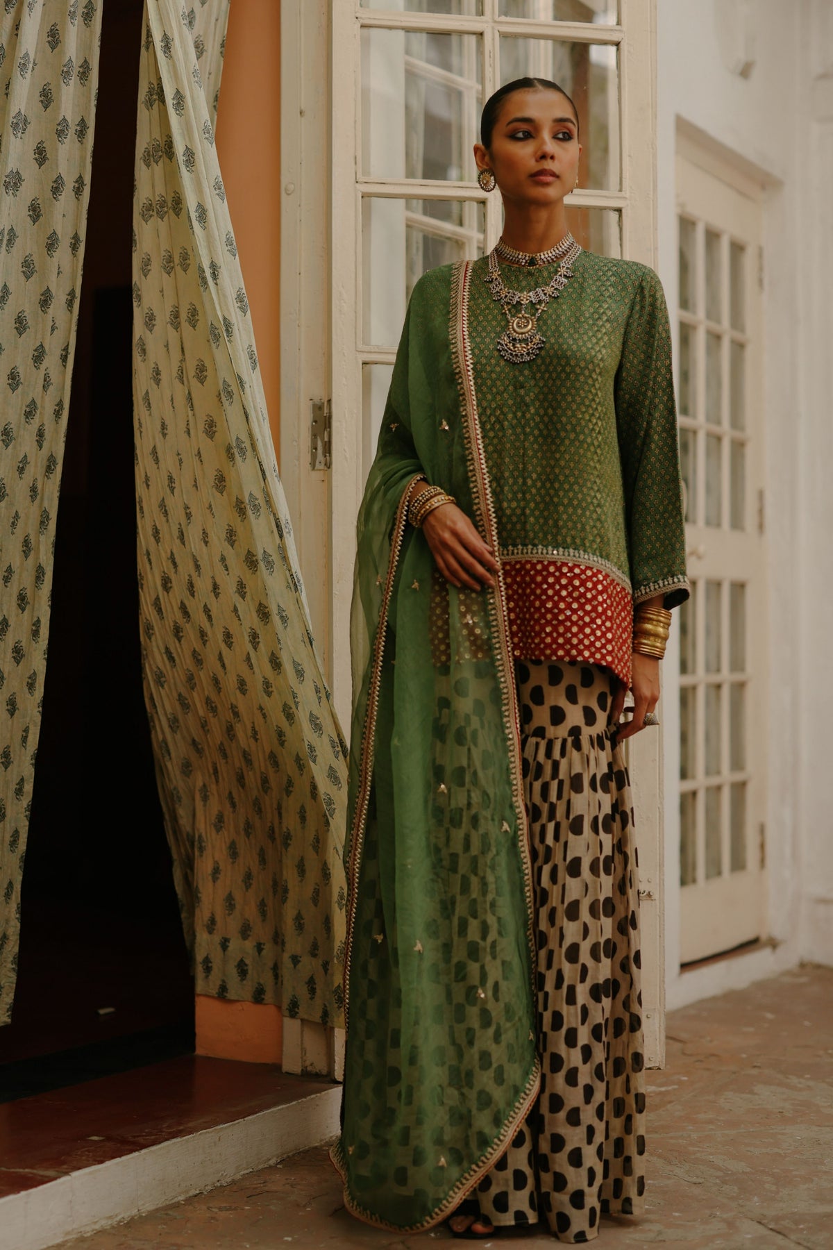 Green Halfmoon Sharara Set