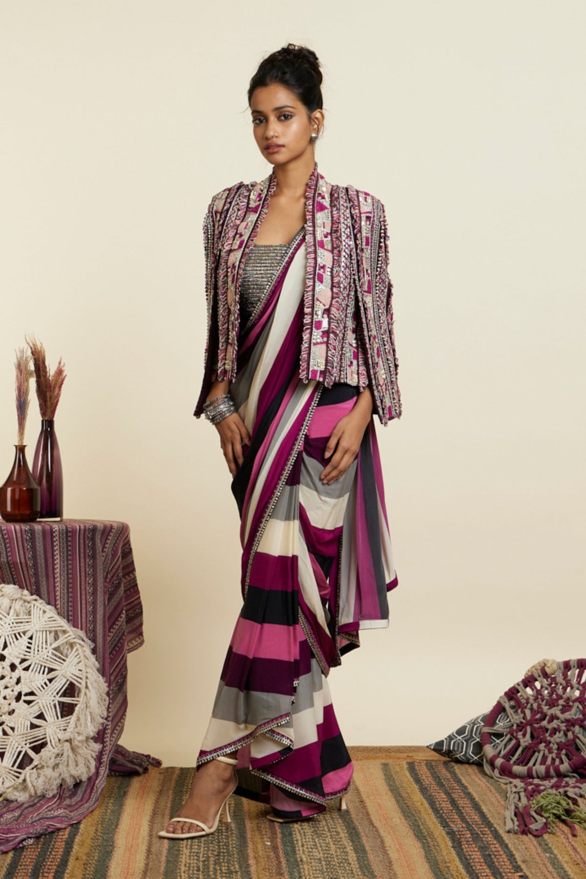 Merlot Stripe Print Cascade Saree Set