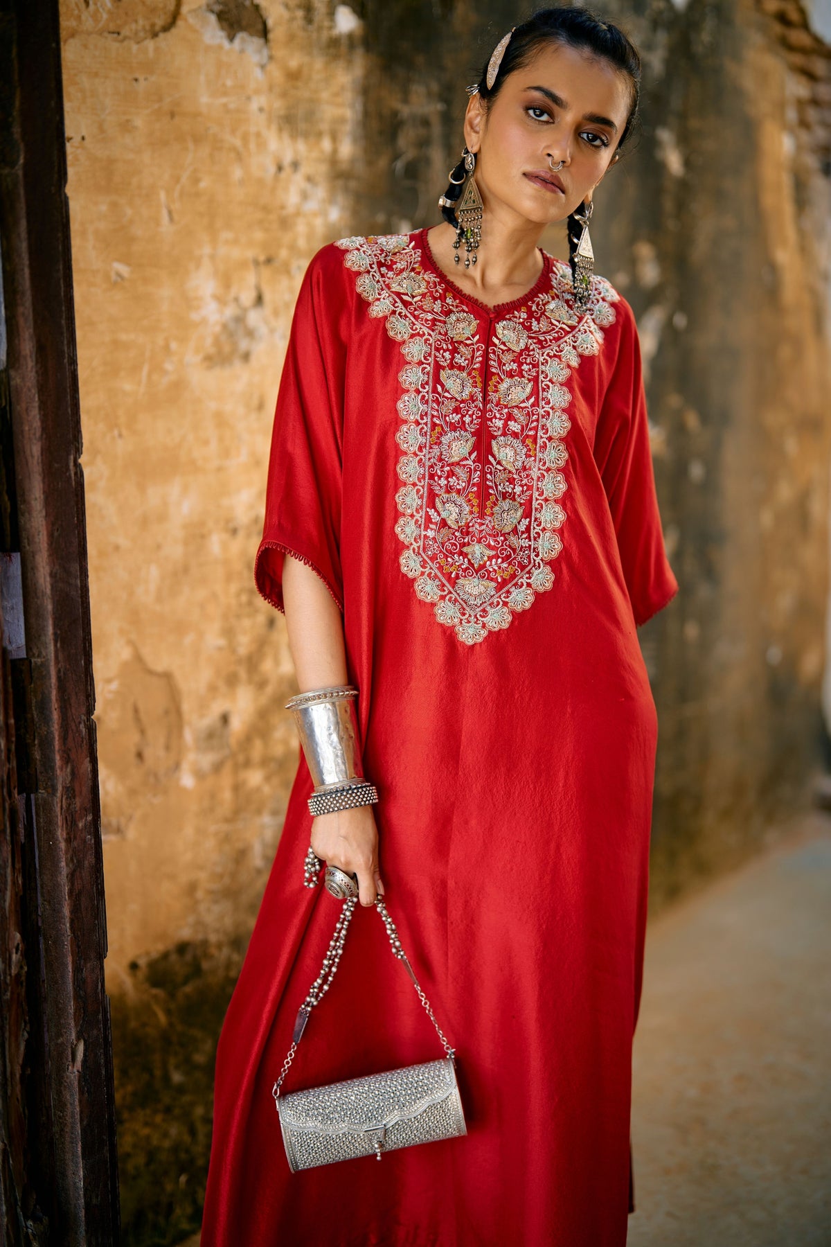 Embroidered Kaftan in Red