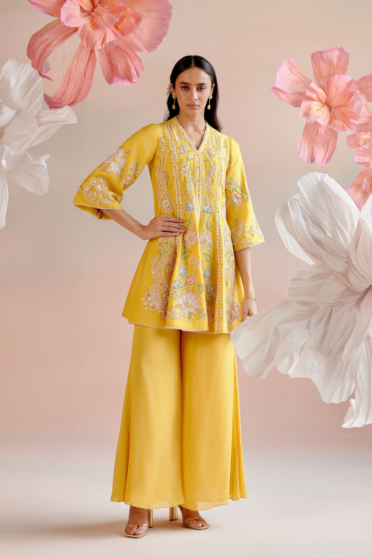 Yellow Flared Short Kurta Set