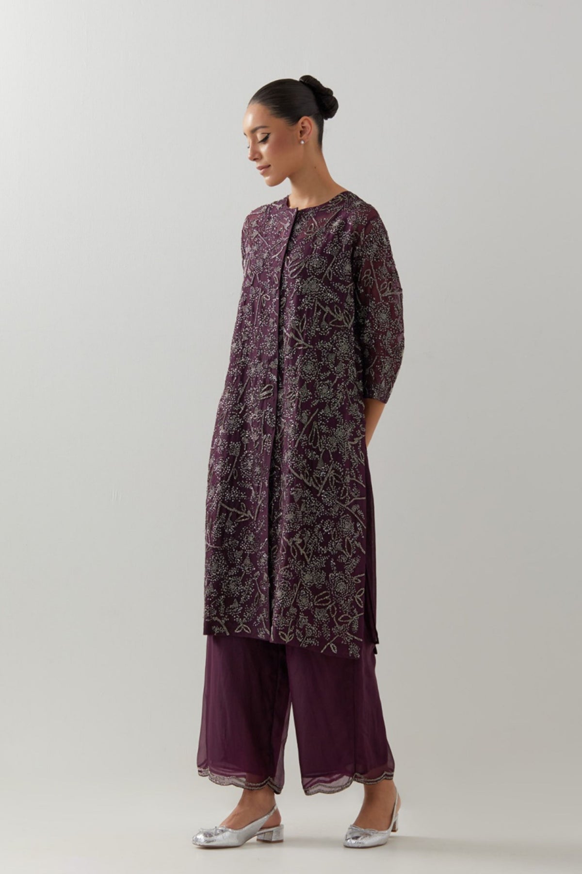 Wine Organza Kurta Set