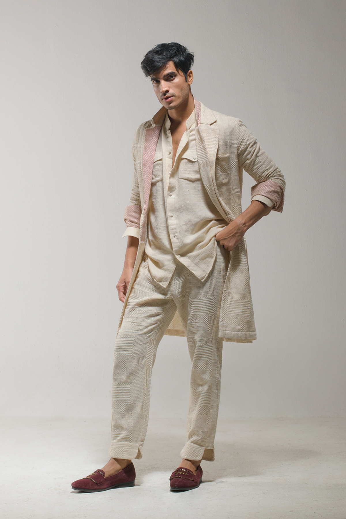 Beige Textured Overcoat