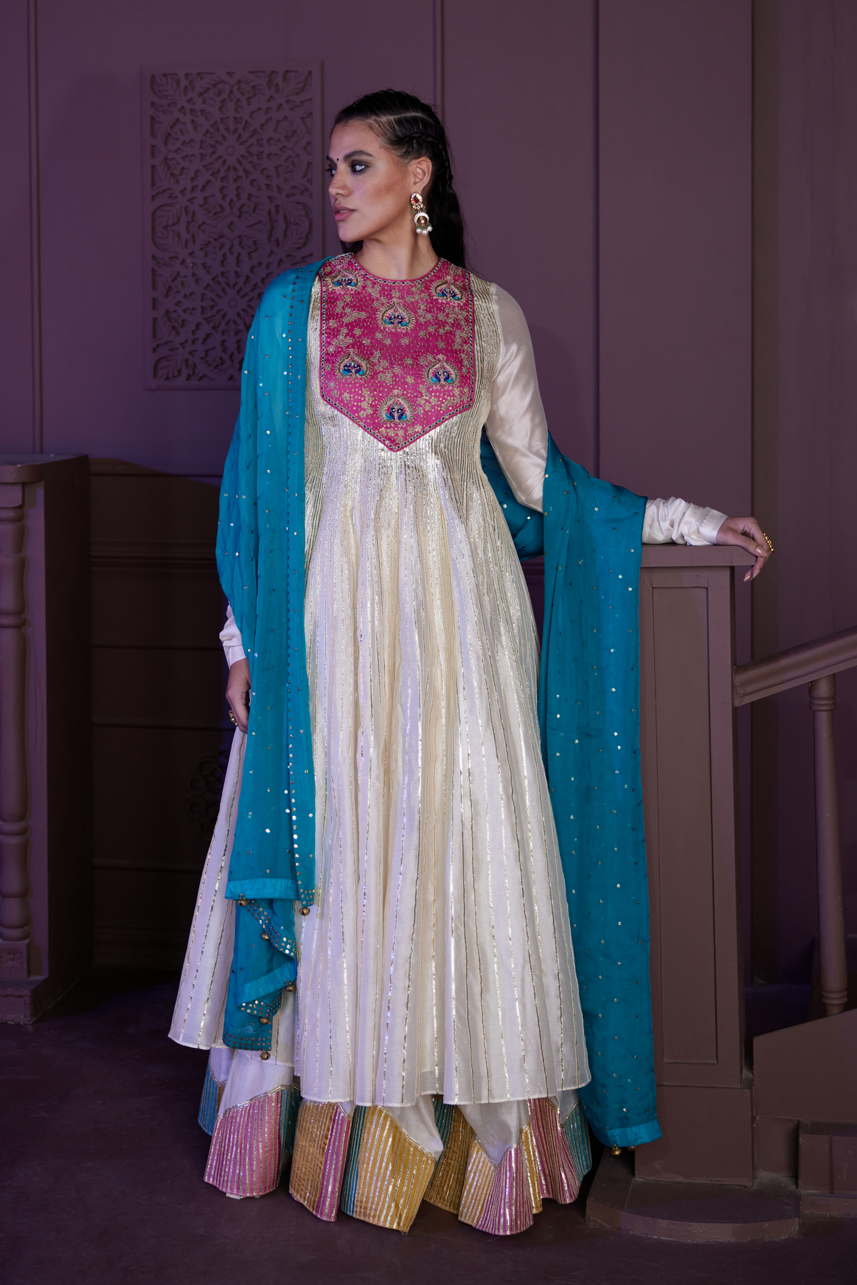 White Chanderi Anarkali Kurti Set