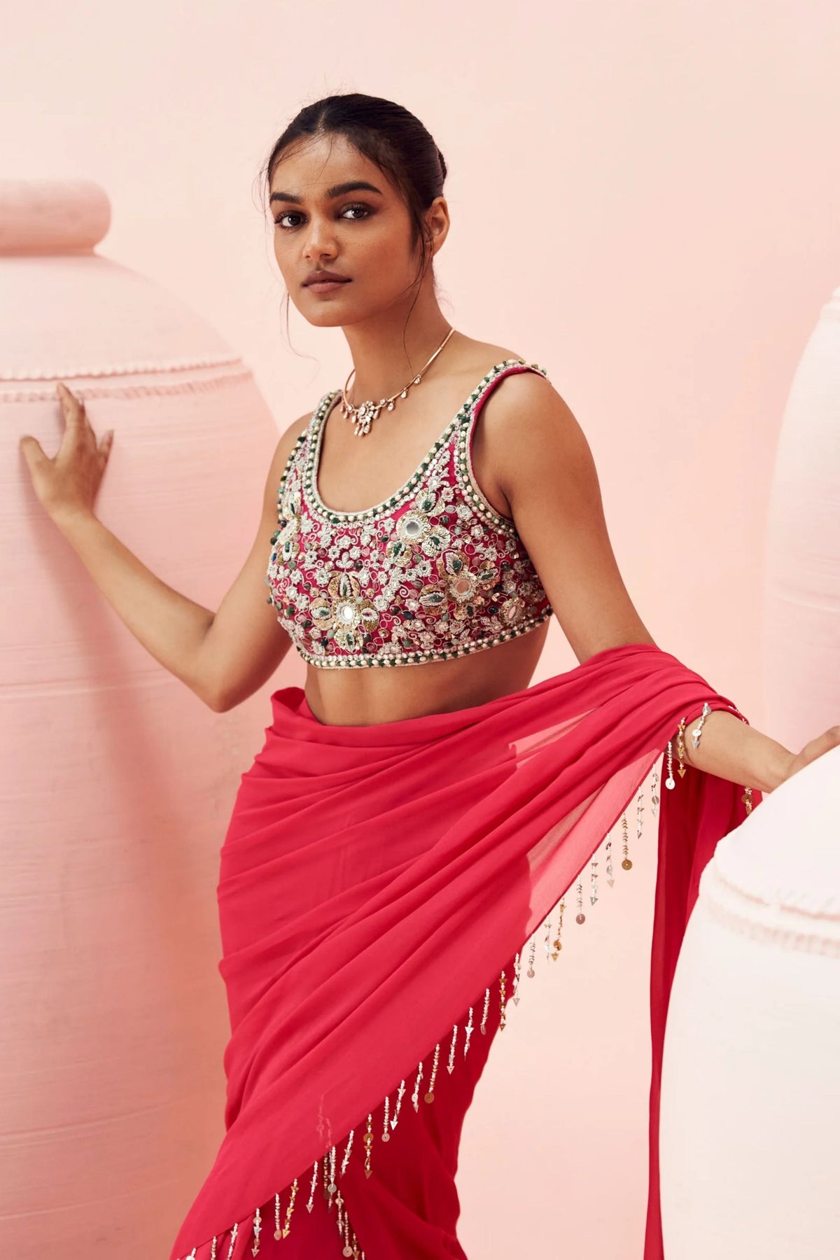 Fuchsia Embroidered Draped Saree