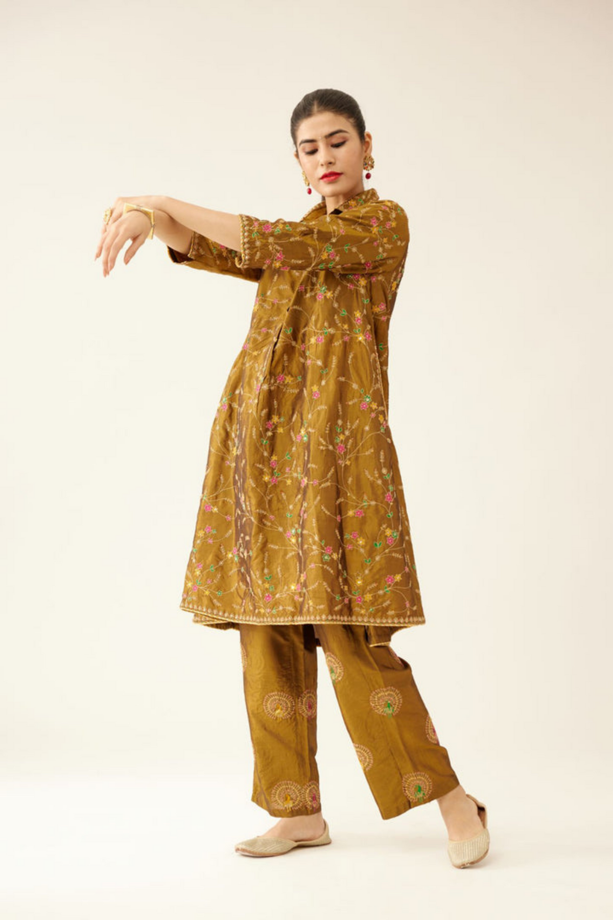 Golden Olive A-line Short Silk Kurta Set