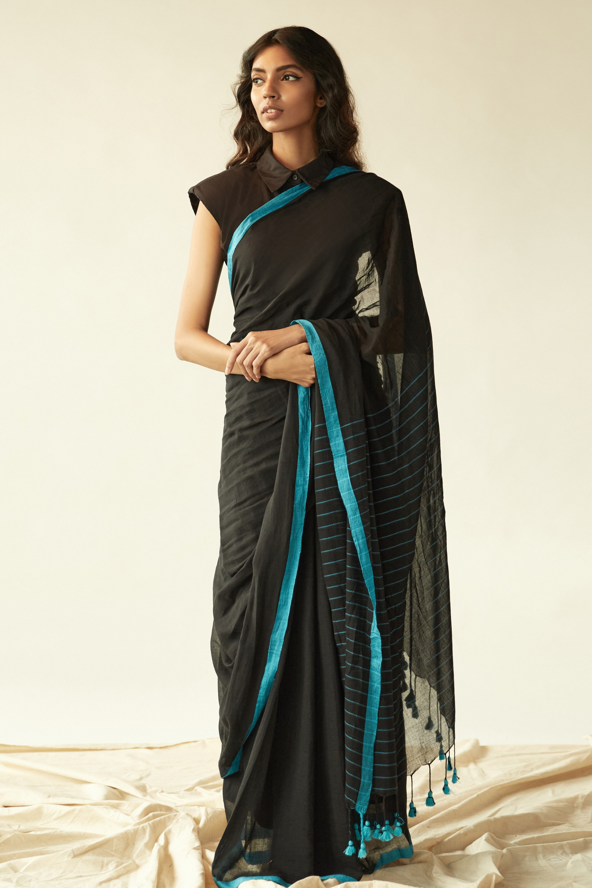 Black Handwoven Mulmul Saree With A Blue Border