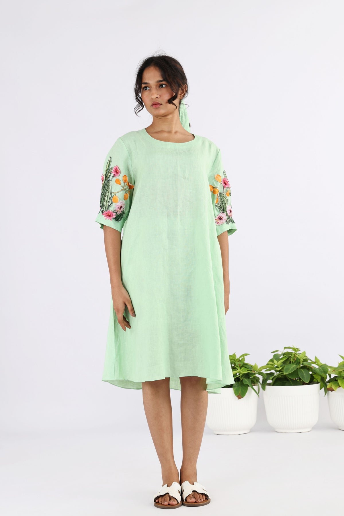 Pale Green Plumeria Embroidered Dress