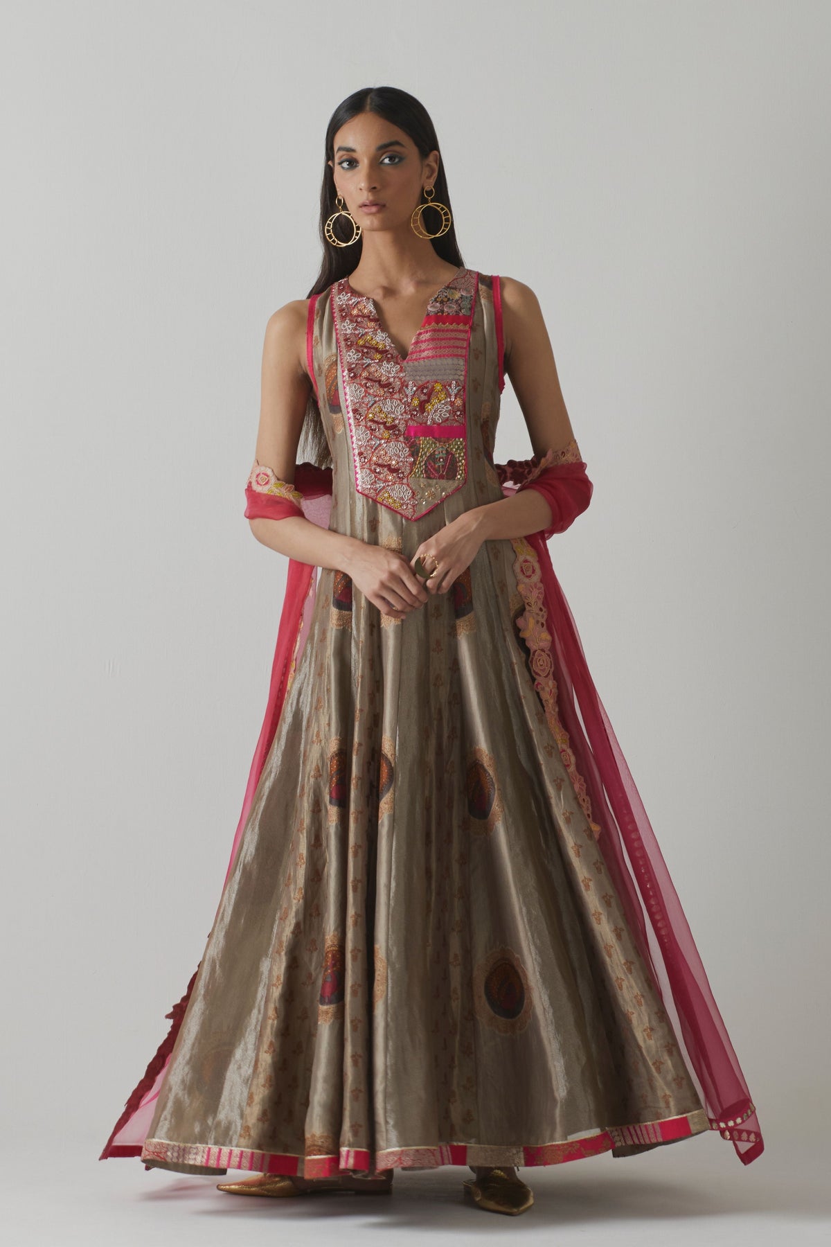 Grey &amp; Fuchsia Anarkali Set