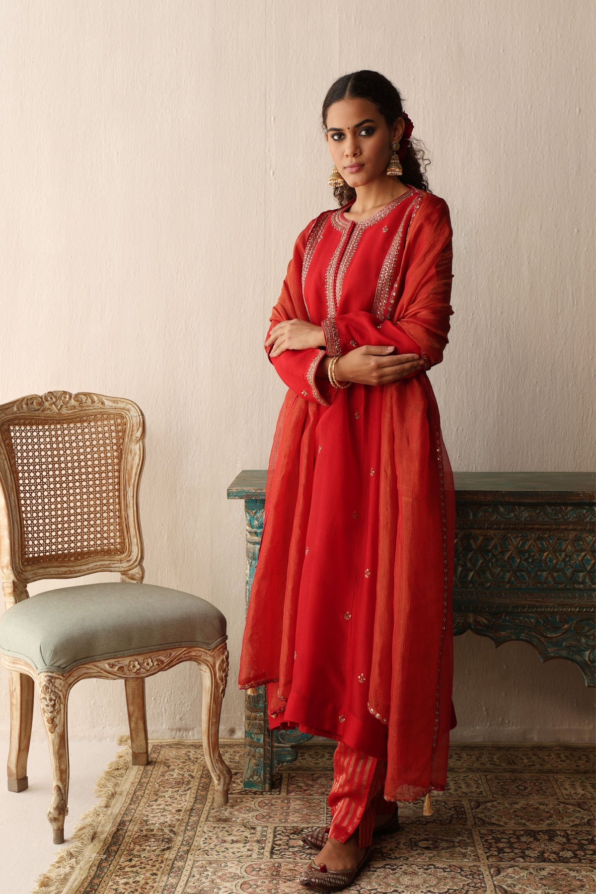 Red Hand Embroidered Kurta Set