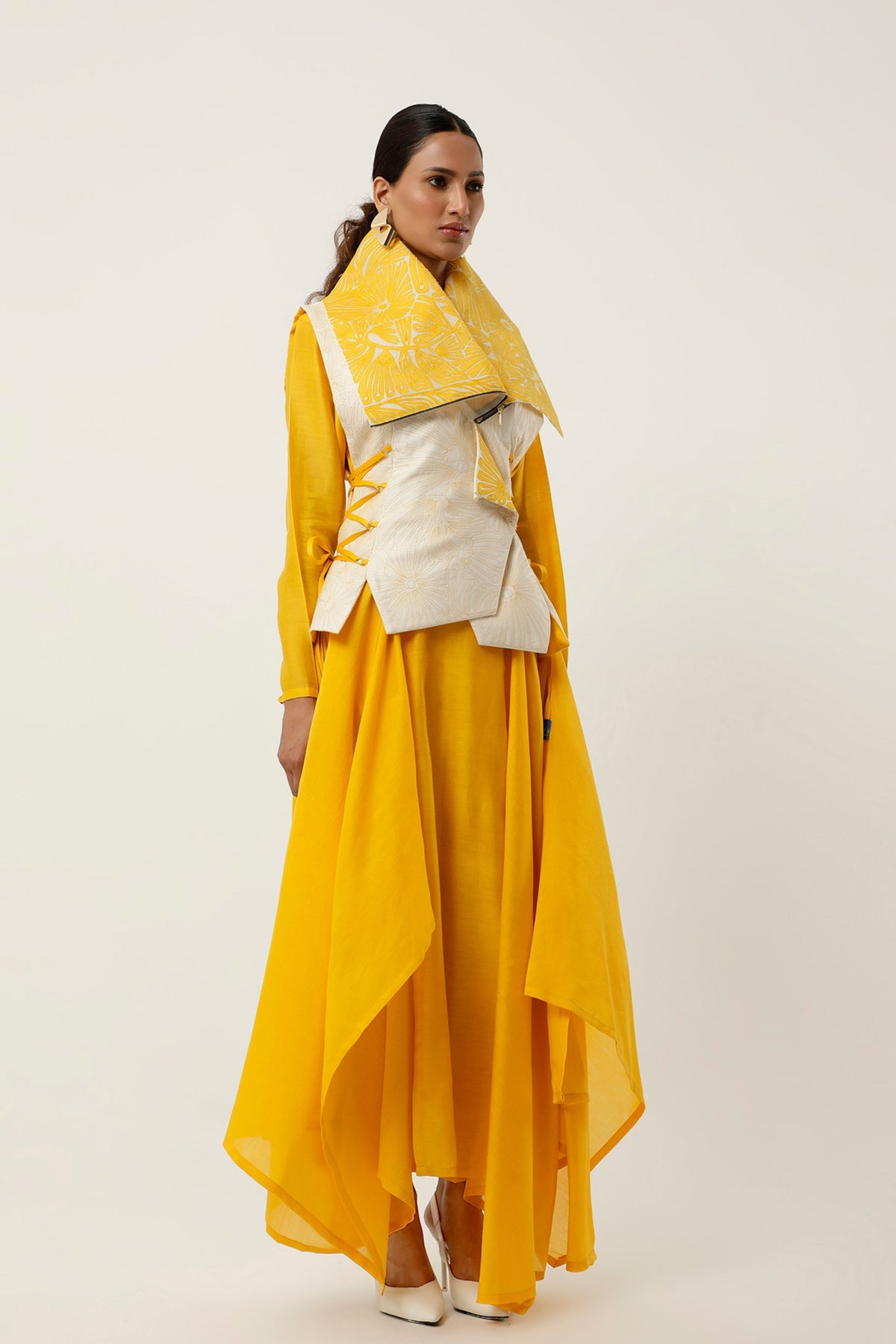 Yellow Drapped Collar Jacket Set