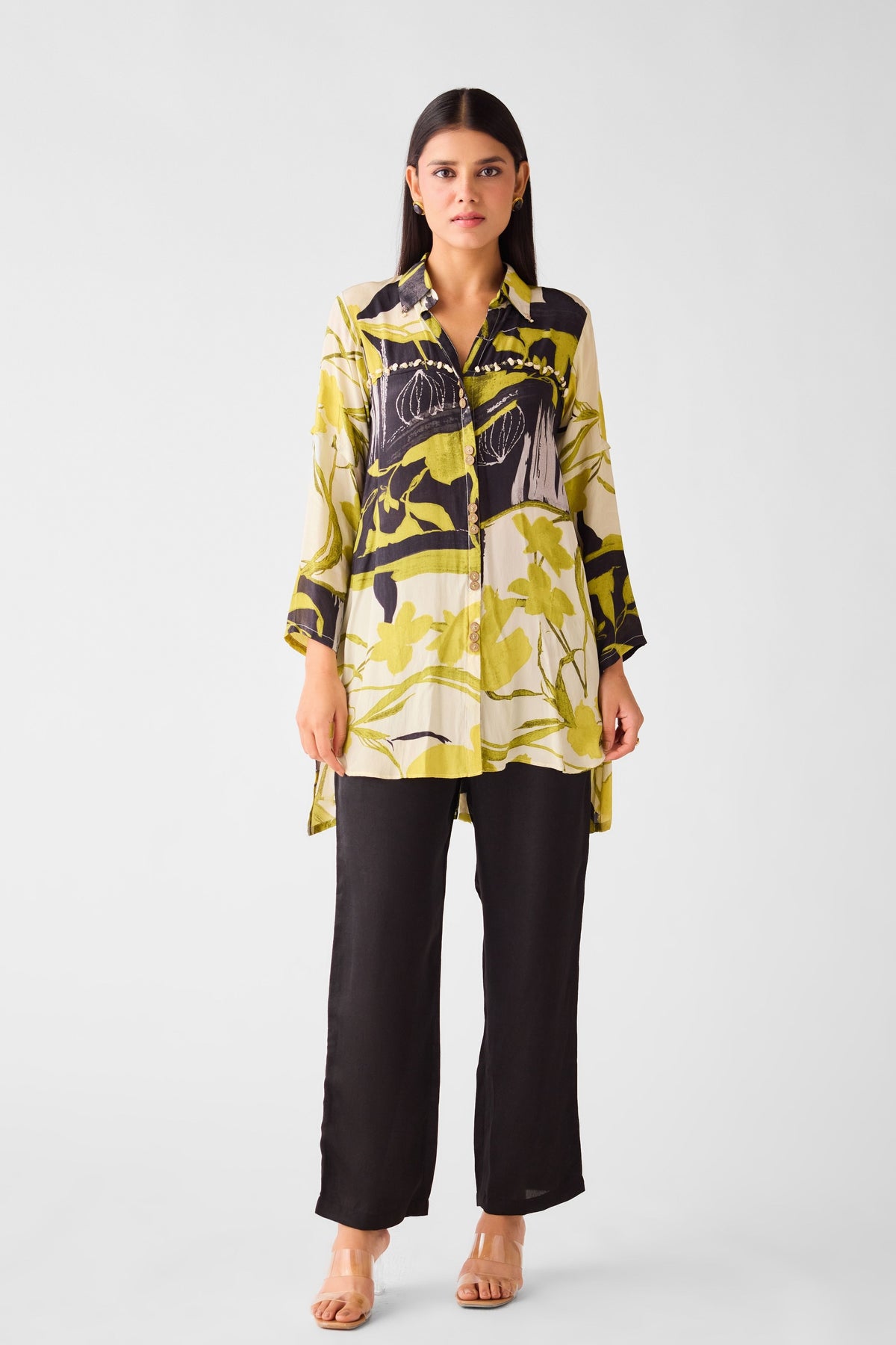 Lime Muslin Floral Long Shirt