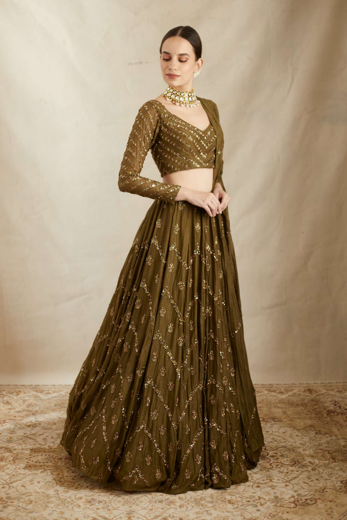 Parrot Green Chanderi Lehenga Set