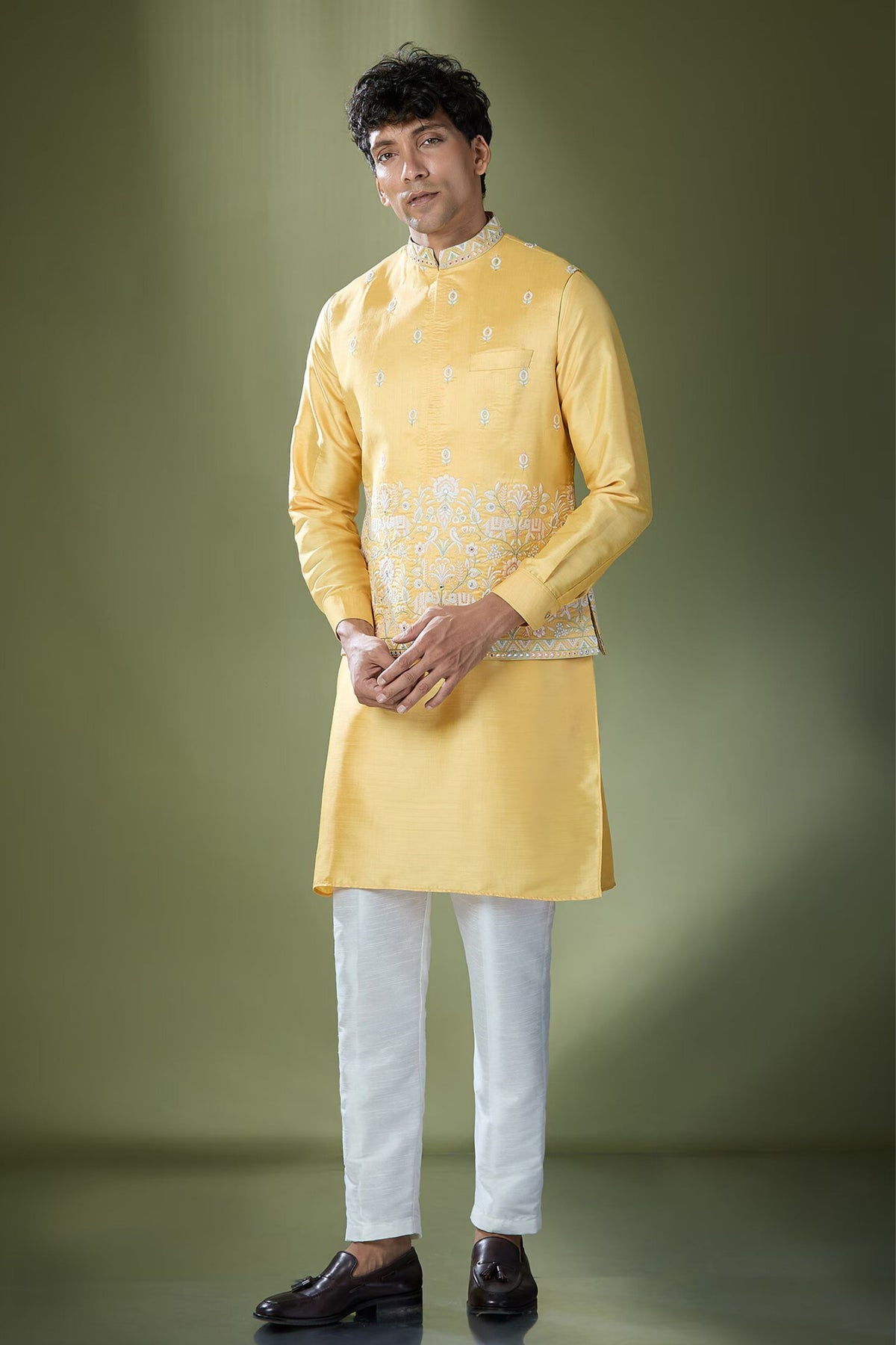 Yellow Embroidered Nehru Jacket Set