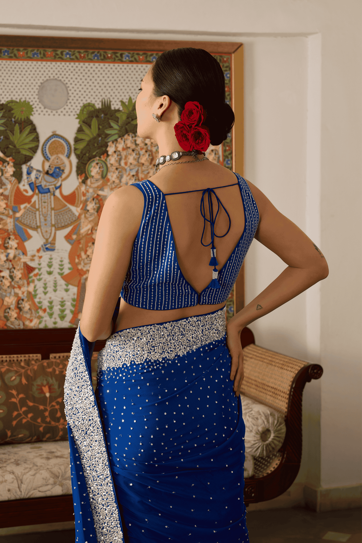 Blue Embroidered Saree Set