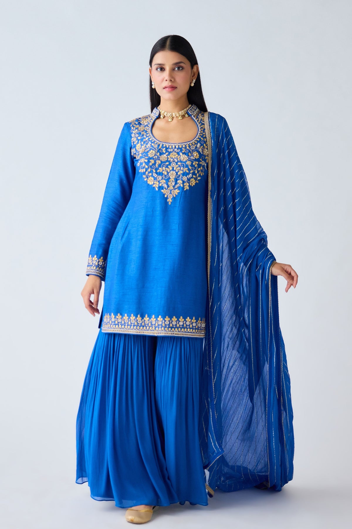 Blue Silk Embroidered Sharara Set