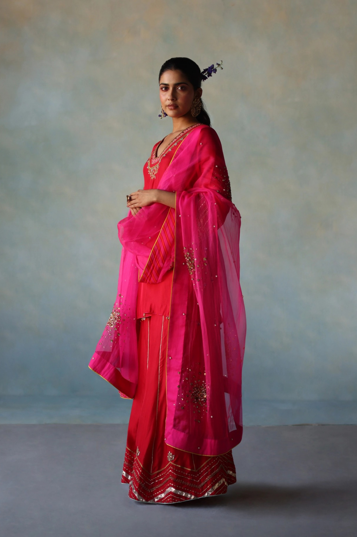 Gul Red Hot Pink Silk Sharara Set  