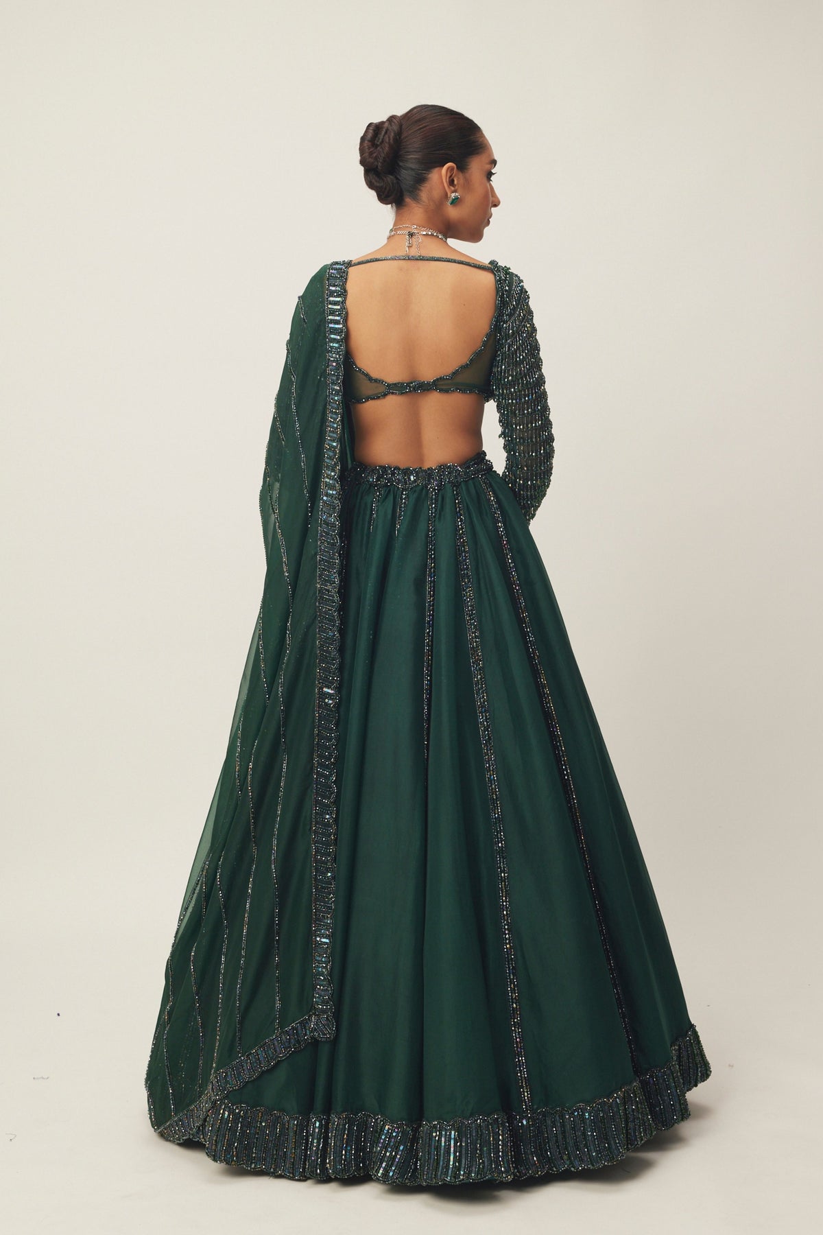 Dark Jade Green Organza Lehenga Set