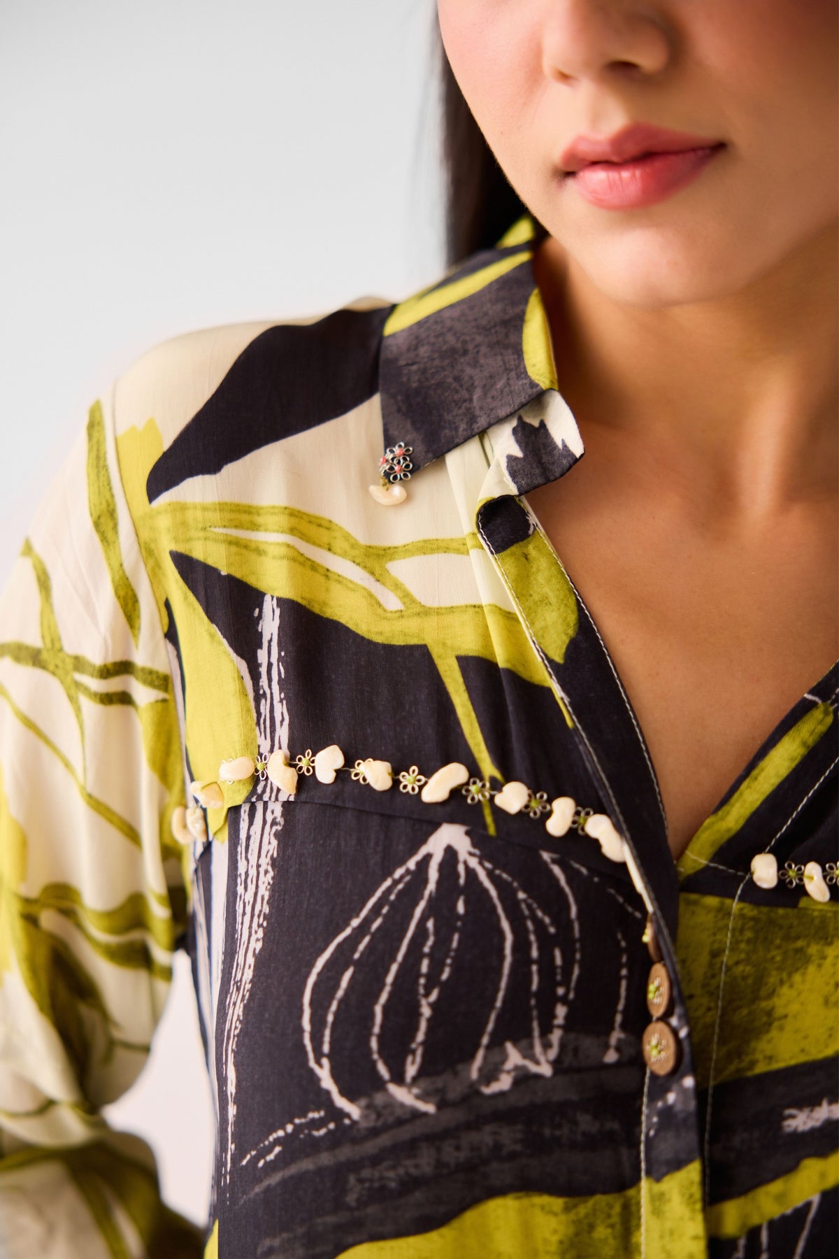 Lime Muslin Floral Long Shirt