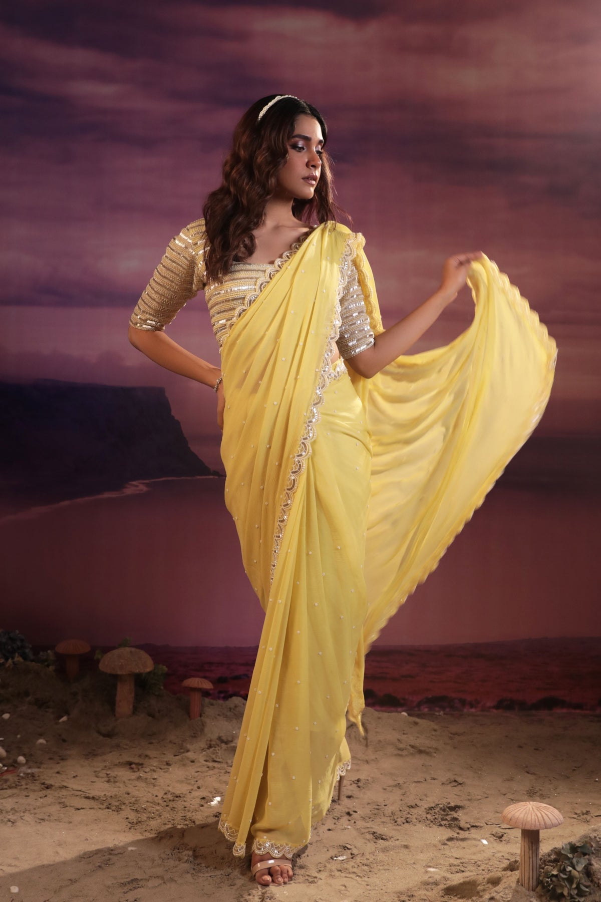 Mango Yellow Embroidered Saree Set