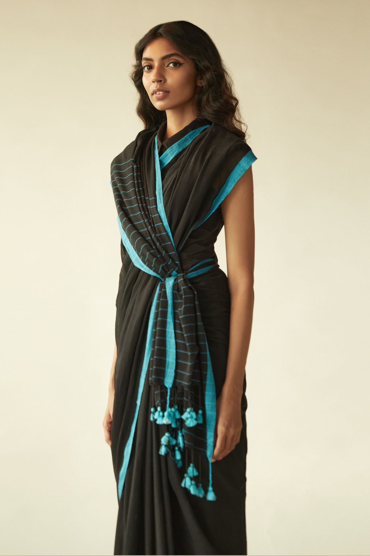 Black Handwoven Mulmul Saree With A Blue Border