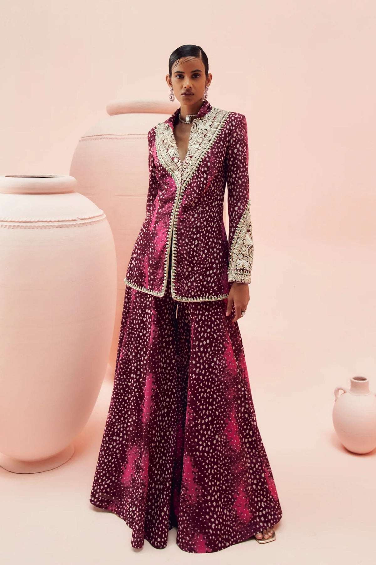 Burgundy Rosette Embroidered Jacket And Sharara Set